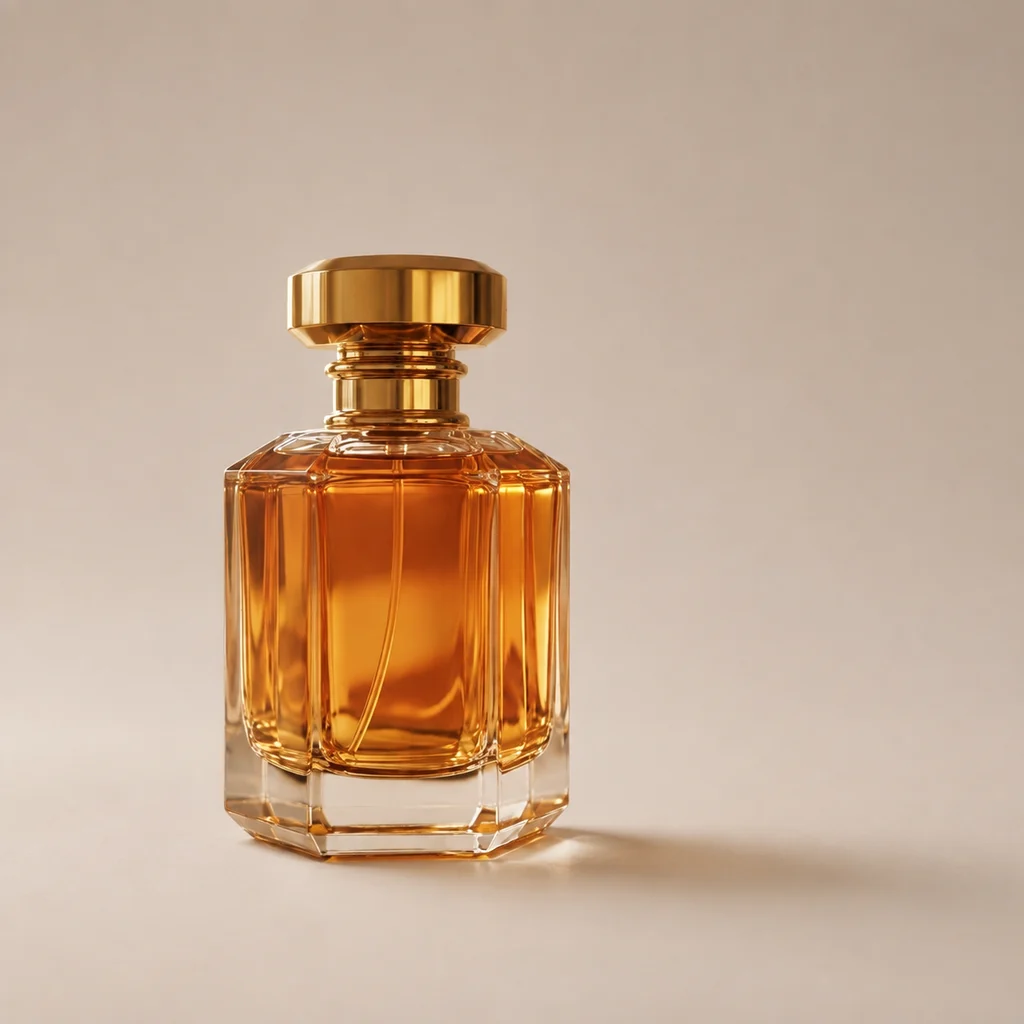 The perfume bottle on an ivory studio surface with a warm-gray background and soft shadow