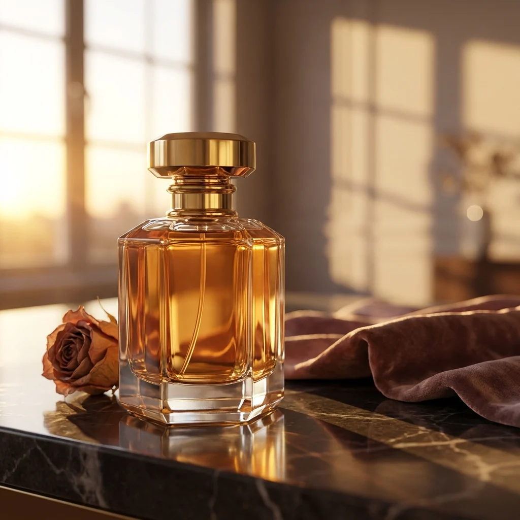 Amber perfume bottle on dark marble beside a rose and fabric in a sunlit room