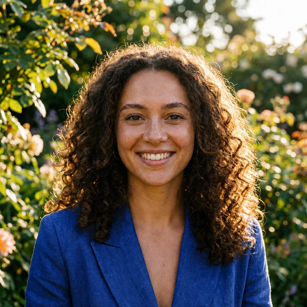 The woman in a cobalt-blue blazer with the outdoor foliage and portrait framing retained