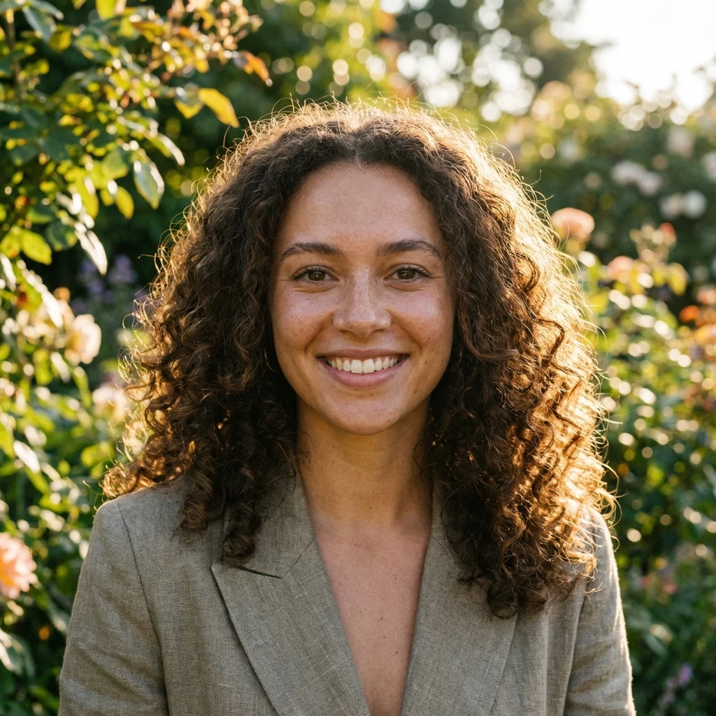 Woman with curly brown hair wearing a gray-beige blazer against sunlit green foliage