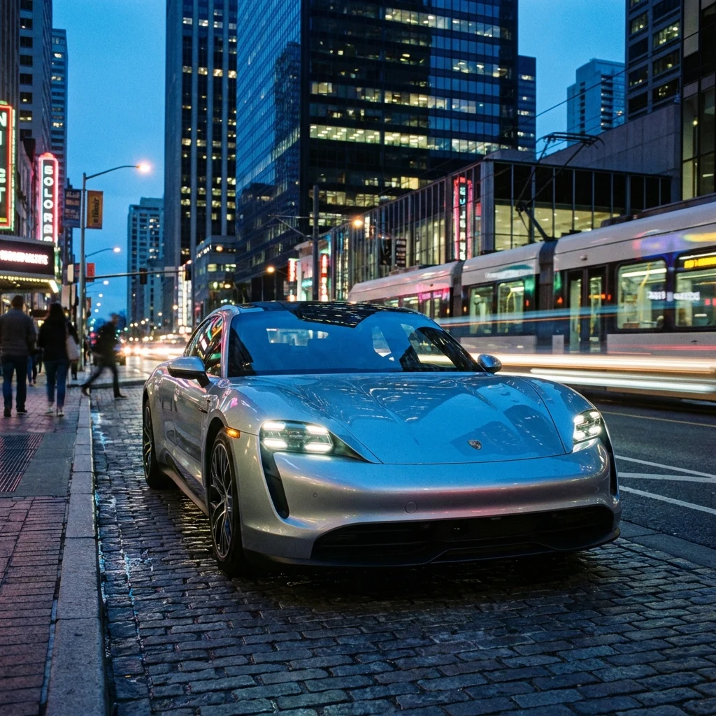 Silver car on a city street at dusk with pedestrians on the sidewalk to its left
