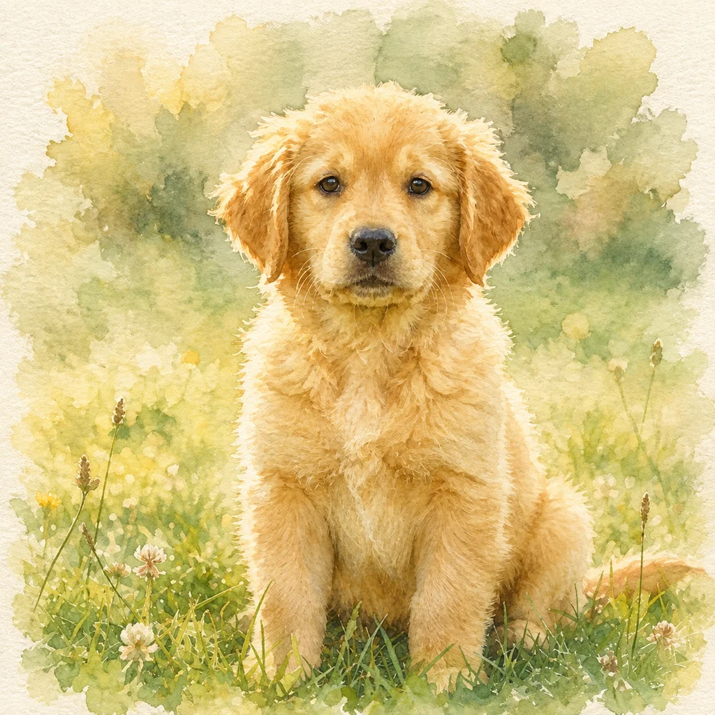 Watercolor illustration of the seated golden retriever puppy with grass and flowers on textured ivory paper