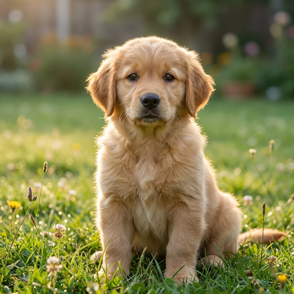 Golden retriever puppy sitting in green grass with small white flowers