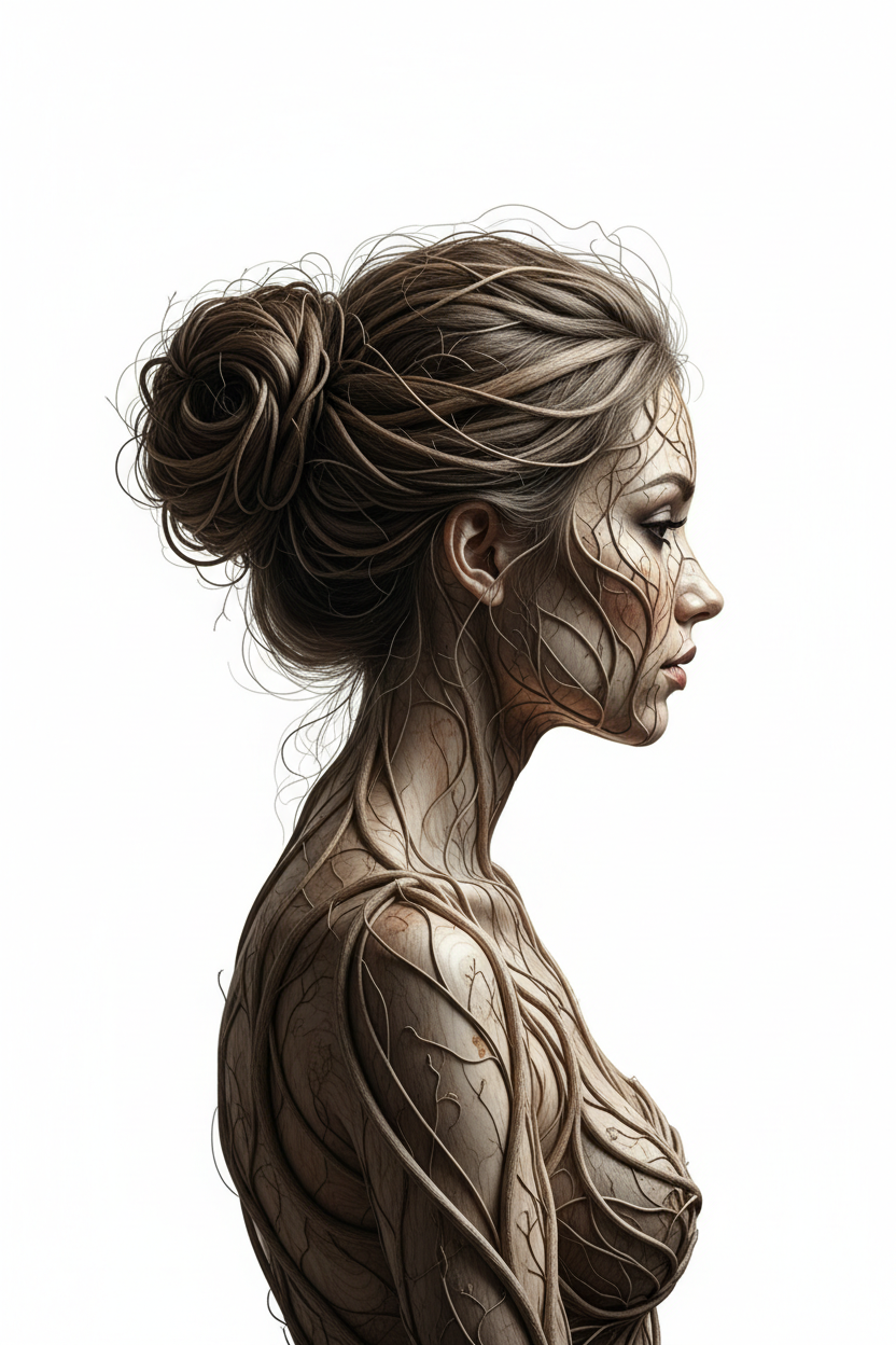 侧身女性剪影艺术，整体由细枝、树杈构成，身体和脸部仅有边缘轮廓，发髻由盘卷藤条形成；自然原木色，质感真实；极简纯白背景；柔和侧光与轻微轮廓光，浅景深，高级感的美术摄影，， 4K细节 