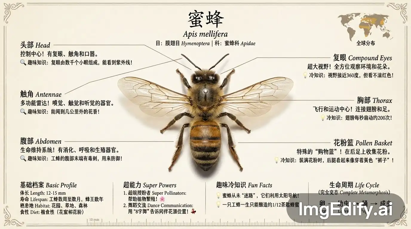 请创建一张博物馆展品级别的昆虫知识科普图谱，聚焦展示【蜜蜂】。
