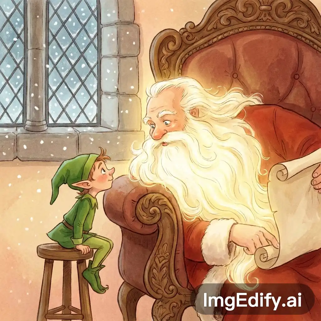 An elf stands on a small stool b