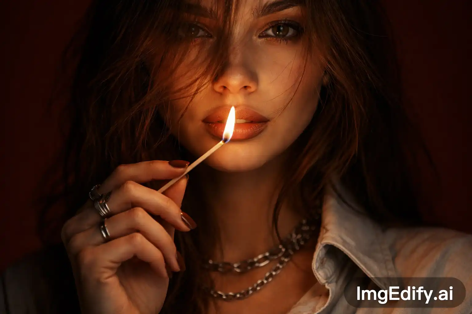 A woman holds a lit match in fro