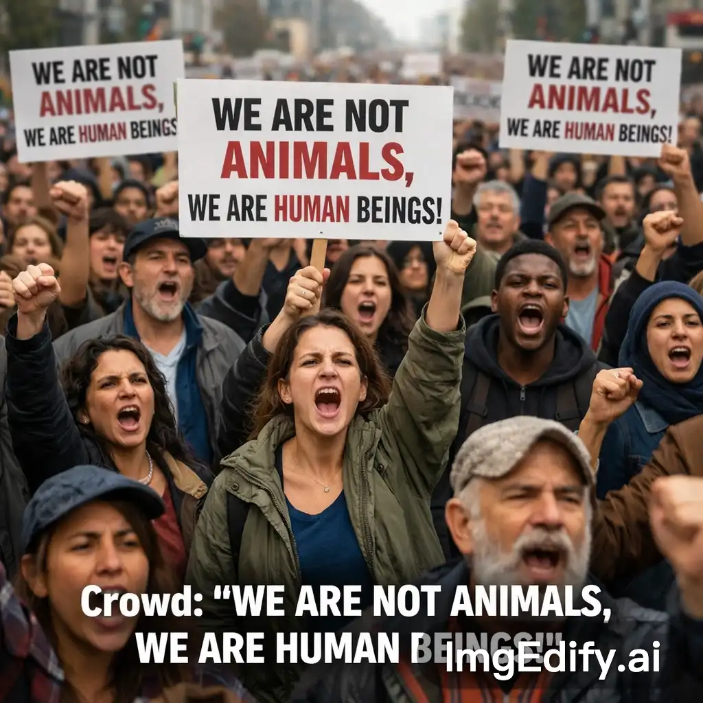 CROWDS SHOUT OUT 'we are not ani